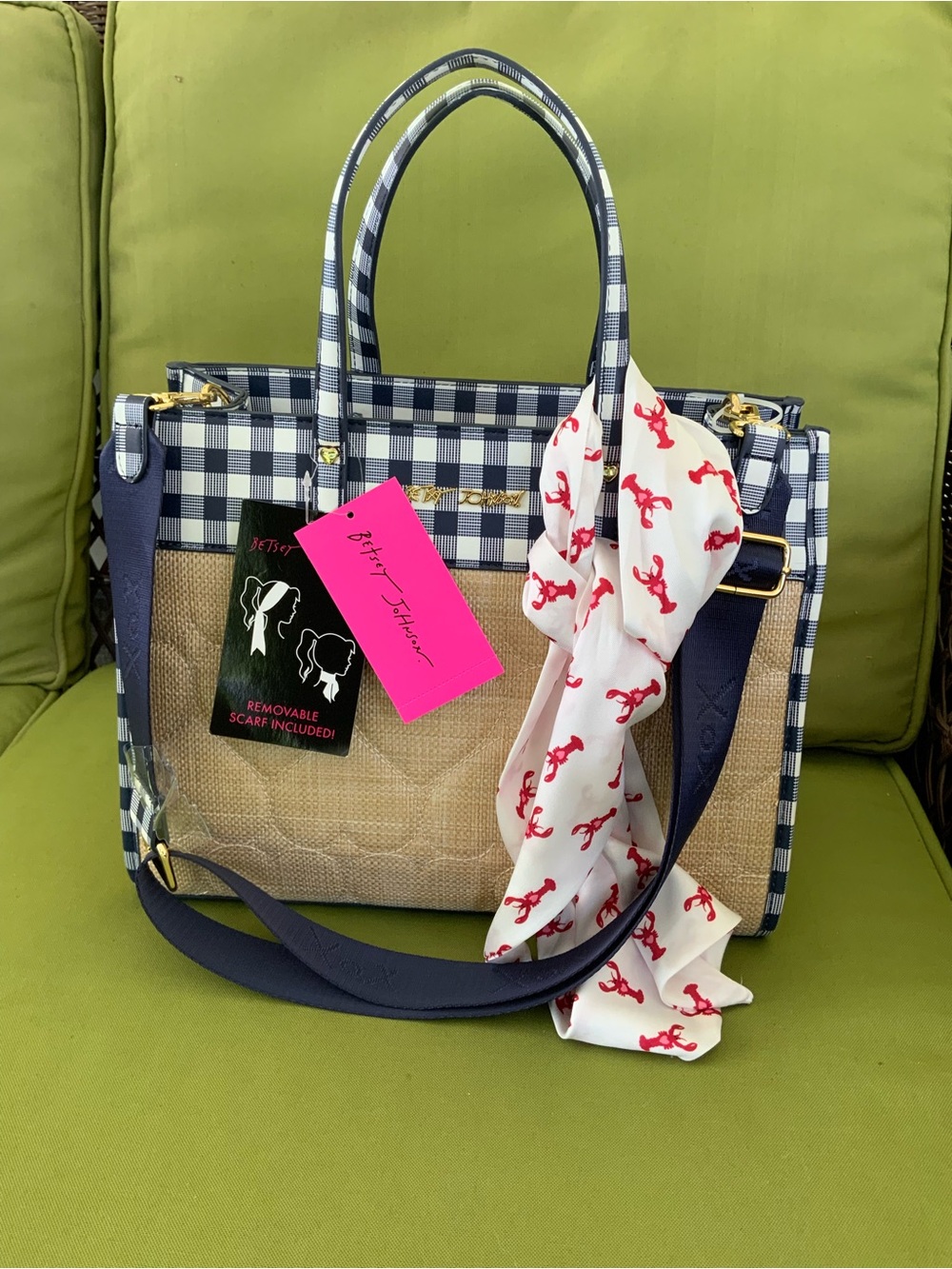 Betsey Johnson Navy and Cream Gingham Straw-Texture Tote with Gold Logo